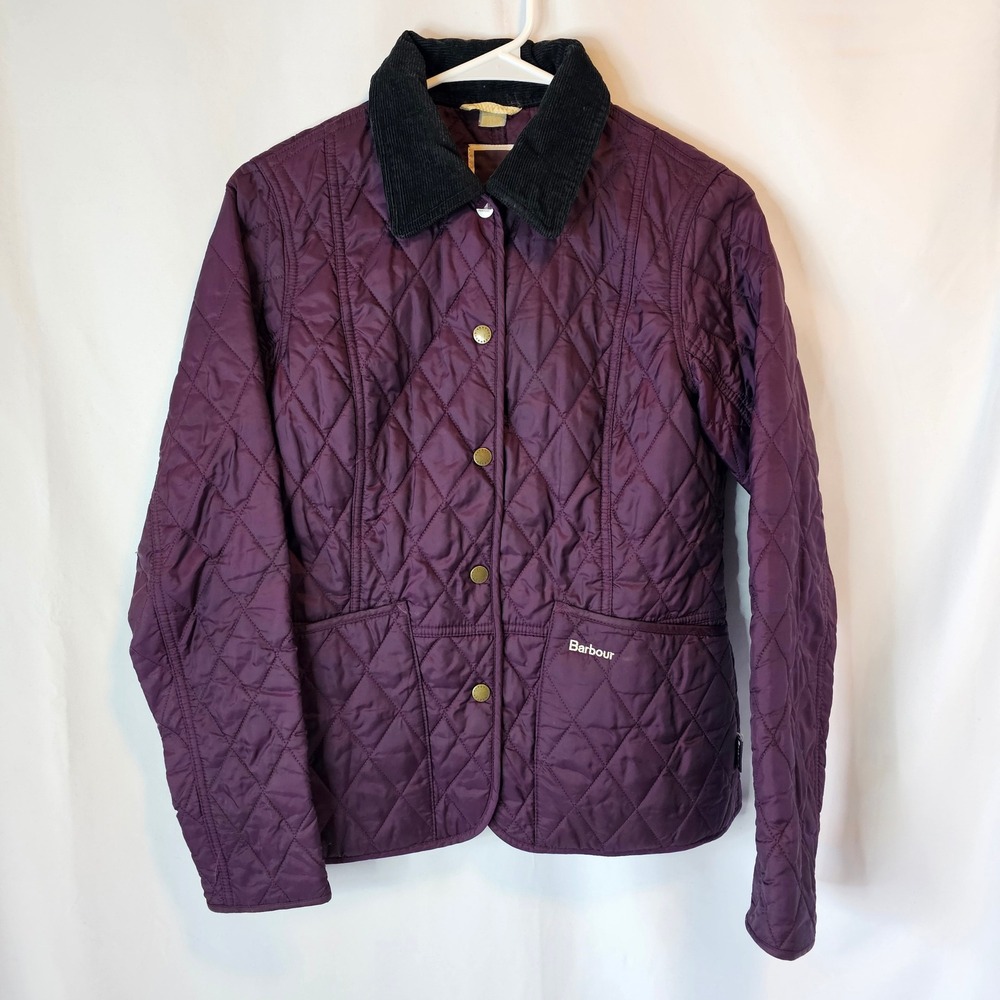 Barbour Quilted Jacket Women US 4 Purple Pantone Corduroy Collar Equestrian